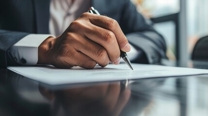 A businessman engaging in the validation and management of business documents, including the signing and approval of contracts and warranties, highlighting the formalities of business agreements  - obrazy, fototapety, plakaty
