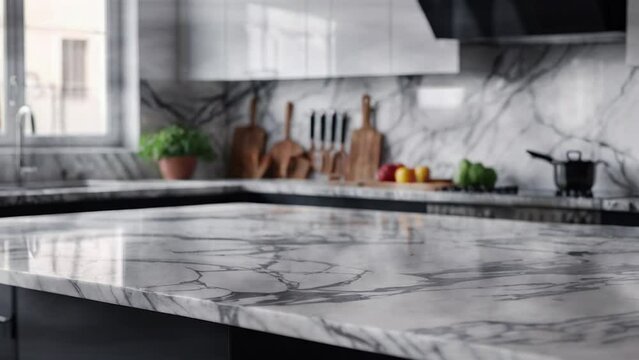 Position your merchandise in a trendy kitchen space, illuminated by changing natural light, boasting a luxurious marble table, and adorned with fashionable greenery, all showcased in striking 4k clari