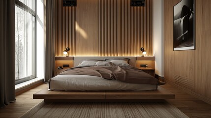 Neutral bedroom with warm wood tones, a low-profile bed, and adjustable wall sconces.