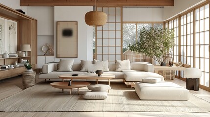 Neutral Japandi Living Room: Neutral-toned living room with a blend of Japanese and Scandinavian furniture for a balanced aesthetic. - obrazy, fototapety, plakaty