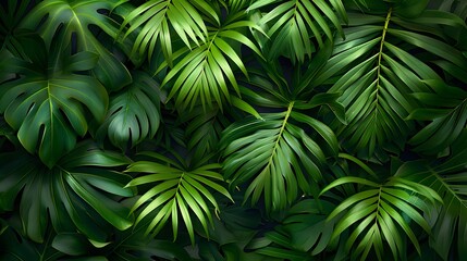 Tropical leaves background, top view of green leaves - obrazy, fototapety, plakaty