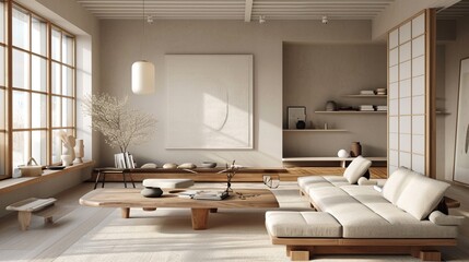 Neutral Japandi Living Room: Neutral-toned living room with a blend of Japanese and Scandinavian furniture for a balanced aesthetic.


 - obrazy, fototapety, plakaty