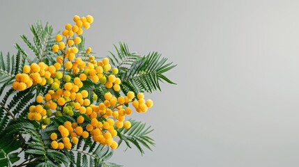 a close up of a plant with yellow flowers and green leaves on a gray background with a white wall in the background.