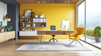 Office space with a touch of mustard yellow, featuring a statement desk, modern chair, and ample natural light


