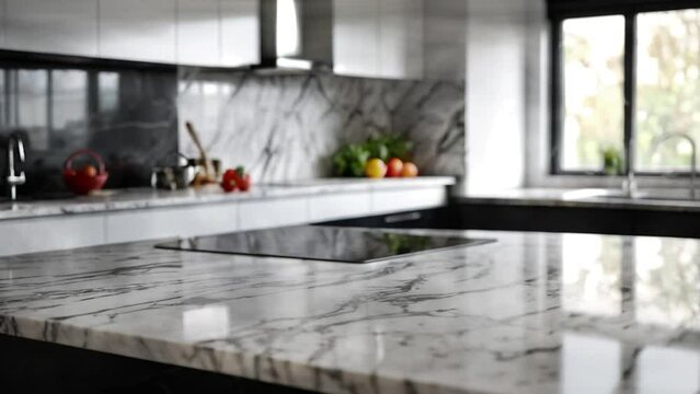 Highlight your merchandise in a contemporary kitchen setting, bathed in natural light changes, featuring a refined marble table, and fashionable botanical displays, all captured in stunning 4k definit