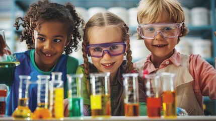 education, science, chemistry and children concept - kids or students with test tube making experiment at school laboratory - obrazy, fototapety, plakaty