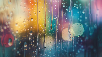 A close-up view through a window on a rainy day, with water streaming down the glass against a blurred, colorful background, evoking a sense of coziness and contemplation