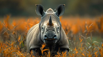 Foto auf Alu-Dibond A baby rhinoceros standing alert in a field of tall grass, with a focused gaze and ears perked up © Michael
