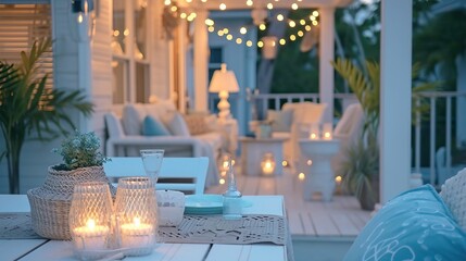Outdoor dining area with a coastal theme, featuring light blue accents, white furniture, and fairy lights
 - obrazy, fototapety, plakaty