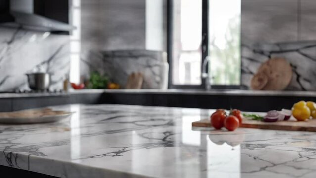 Position your stock in a sophisticated kitchen environment, illuminated by shifting natural light, a sleek marble table, and fashionable greenery arrangements, beautifully captured in 4k resolution.
