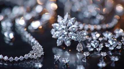A collection of diamond jewelry, symbolizing the epitome of luxury and timeless beauty - obrazy, fototapety, plakaty