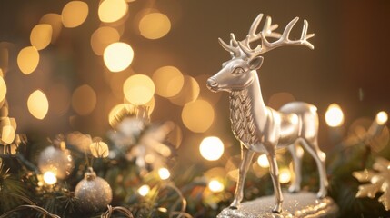 christmas deer silvery toy decoration with garland lights background - obrazy, fototapety, plakaty
