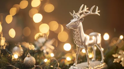 Schilderijen op glas christmas deer silvery toy decoration with garland lights background © Orkhan