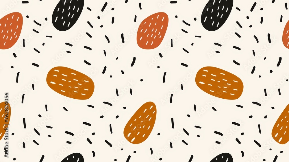 Poster a pattern of different shapes and sizes on a white background with orange, black, and brown dots on 
