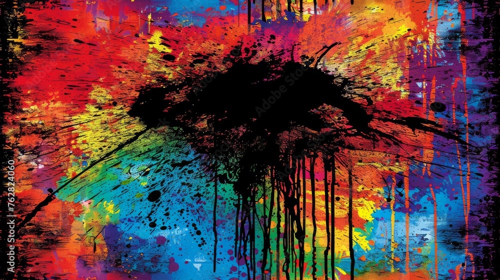 Poster a multicolored painting with paint splattered on the bottom and the bottom of the painting on the bottom of the picture.