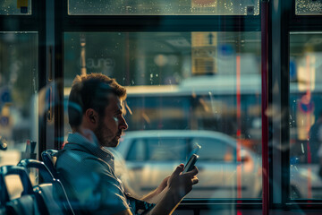 Obraz premium Focused Man on City Bus on Smartphone During Sunset