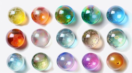 A collection of soap bubbles displayed on a clean white background
