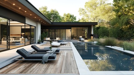 Outdoor pool area with Japandi-style landscaping, wooden decking, and minimalist seating


 - obrazy, fototapety, plakaty