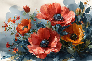 A vibrant floral painting set against a blank canvas