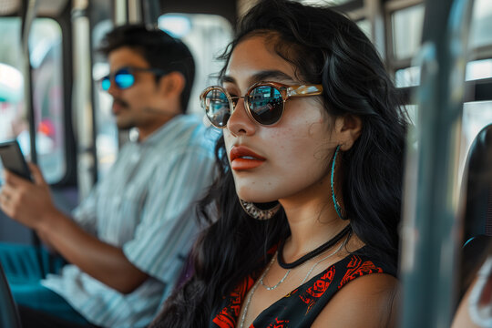 Chic Young Woman with Sunglasses Using Smartphone on Public Bus
