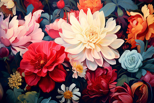 Artistic vintage background with many beautiful flowers.