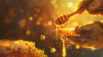 Gentle hand in a beekeeper glove holds a honey dipper dripping golden liquid against a softly lit hive backdrop for World Bee Day, vector style --ar 16:9 Job ID: 3c1c9a70-2df6-4020-9028-467ecd63bf1d