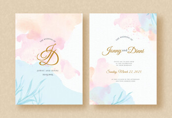 Soft of Splash Watercolor Background with Leaves Wedding Invitation Card