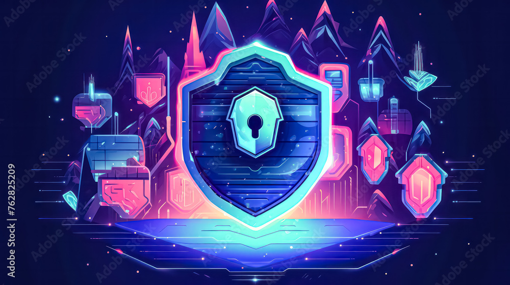 Poster a blue shield with a key on it is surrounded by other shields. the shields are in different colors a