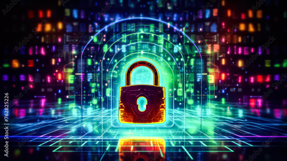 Poster a colorful image of a green lock with a keyhole. the lock is surrounded by a colorful background, gi
