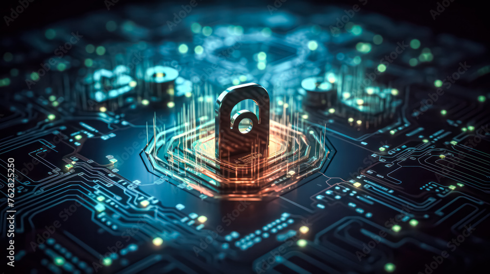 Aufkleber a computer chip with a lock on it. the lock is surrounded by a blue and green background
