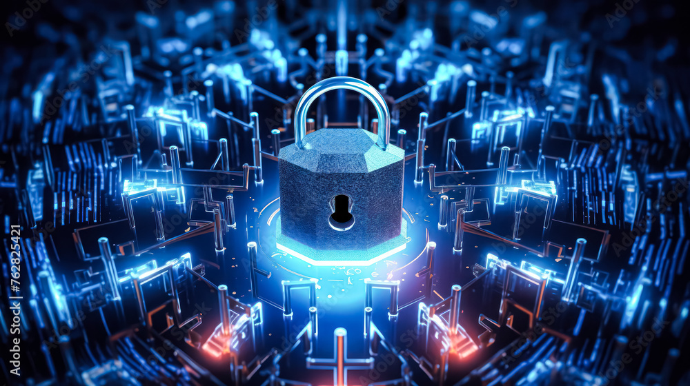 Poster a blue and red image of a lock with a keyhole. the lock is surrounded by a cityscape, with buildings