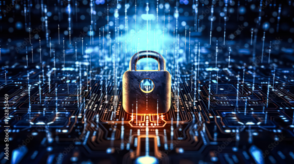 Poster a computer chip with a lock on it. the lock is surrounded by a blue background. concept of security 