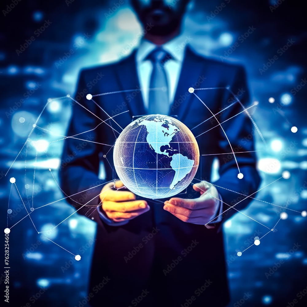 Poster a man is holding a globe in his hand. the globe is surrounded by a network of lines, which represent