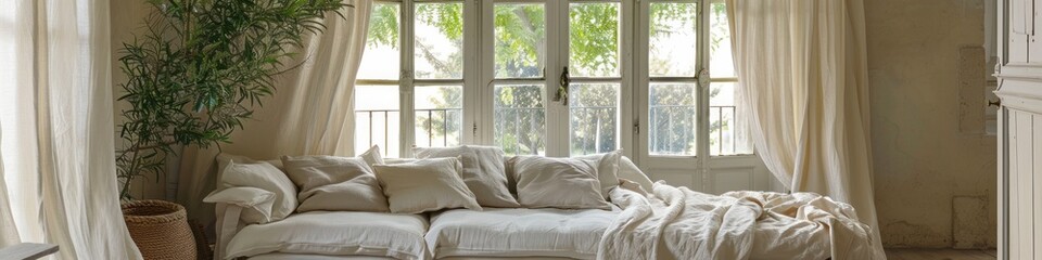 A room with a white sofa with pillows and blankets against the backdrop of a large window.