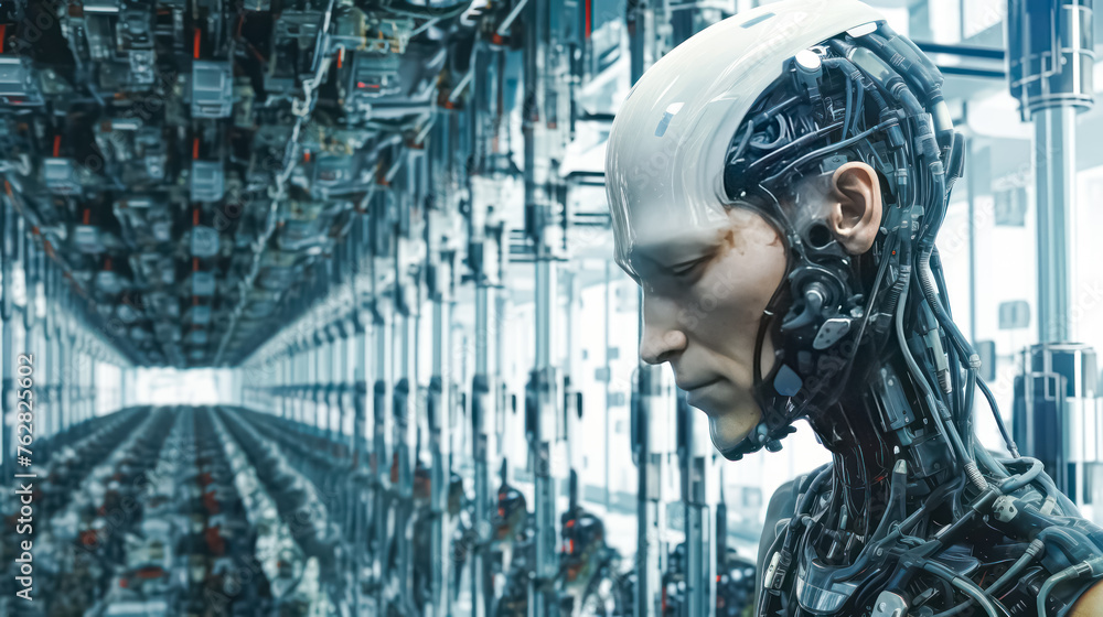 Poster a robot with a white face stands in a large room with many wires and machines. the robot's face is i