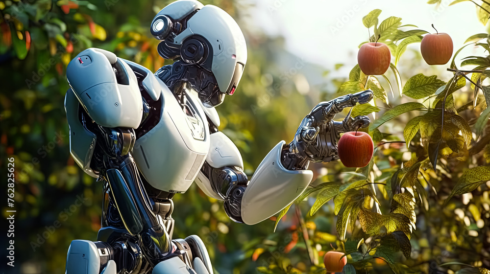Poster a robot is shown picking an apple from a tree. the robot is white and has a metallic appearance. the