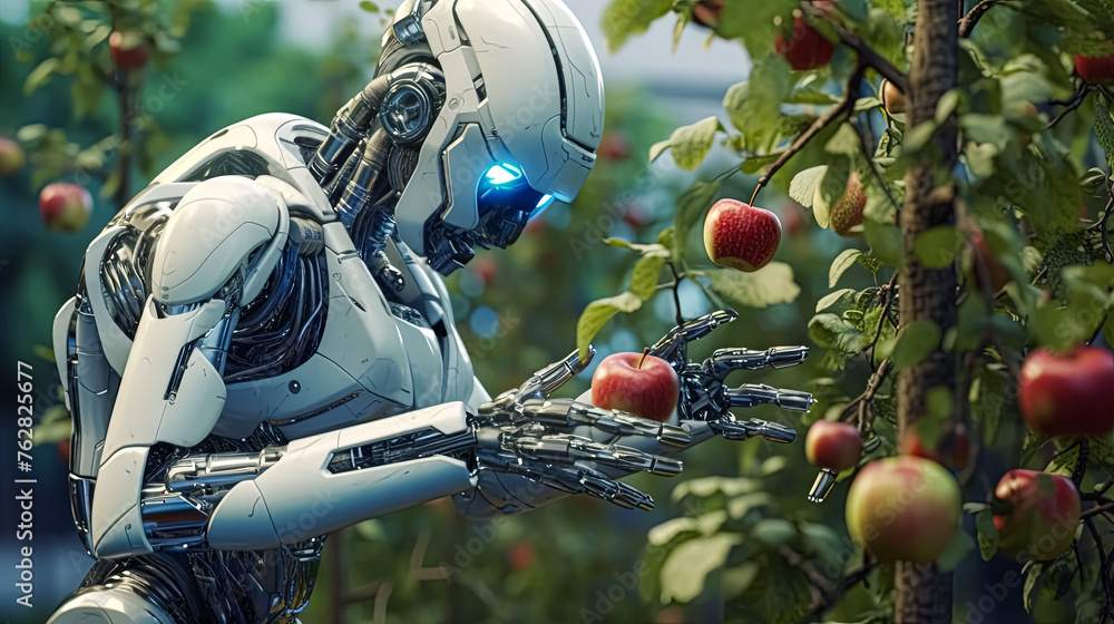 Poster a robot is reaching for an apple in a tree. the robot is white and has blue eyes. the apple is red a