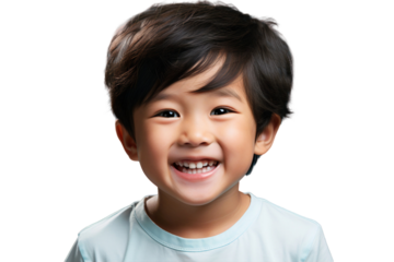Portrait of a cute, happy Asian little boy smiling and laughing, isolated on a transparent background.