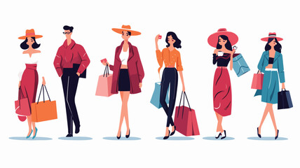 Fashionista or shopaholic characters during sales  - obrazy, fototapety, plakaty