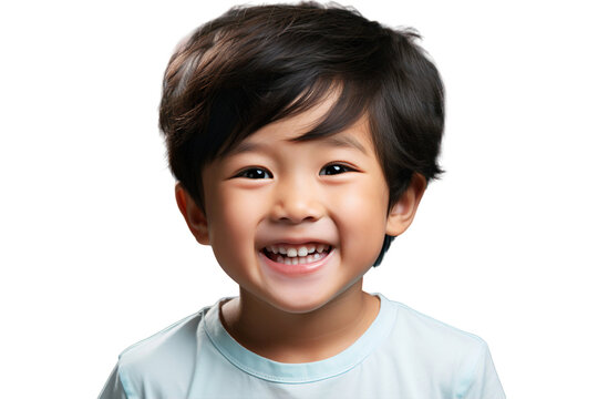 Portrait of a cute, happy Asian little boy smiling and laughing, isolated on a transparent background.