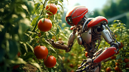 A robot is in a garden and is picking a tomato. The robot is red and white