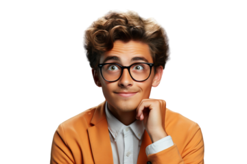 Portrait of a young guy wearing glasses, looking up and thinking, while touching his chin, isolated on a transparent background.