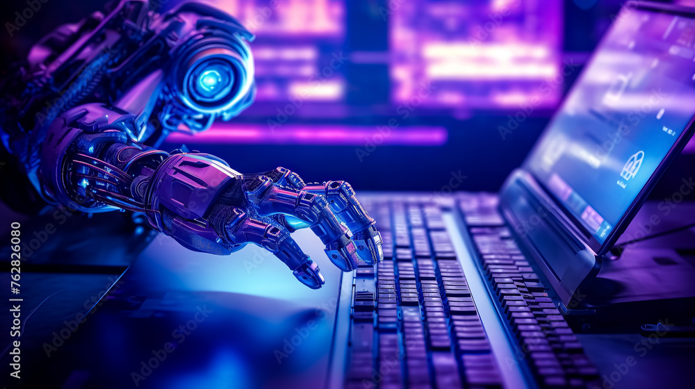 Poster a robot is typing on a laptop computer. the robot is wearing a blue suit and has a blue arm. concept