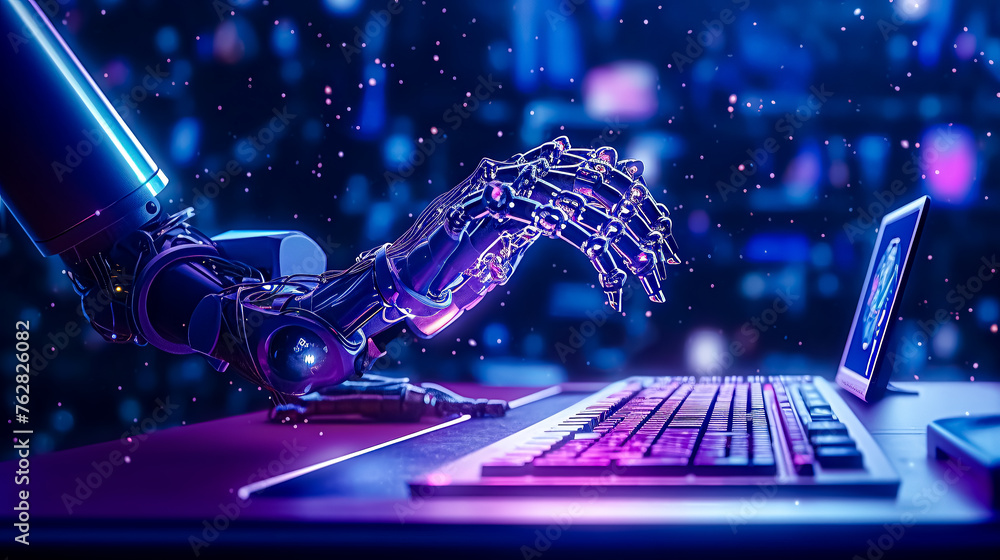 Poster a robotic hand is typing on a laptop computer. concept of technology and automation, as the robotic 