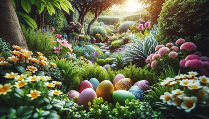 Fototapeta na wymiar Easter eggs in a garden. Generative AI