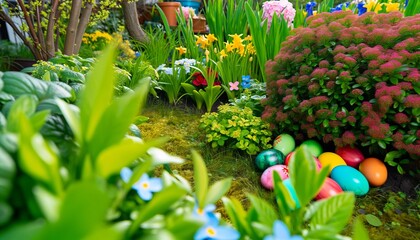 Easter eggs in a garden. Generative AI