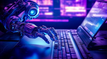 A robot is typing on a laptop computer. The robot is wearing a blue suit and has a blue arm. Concept of technology and artificial intelligence - obrazy, fototapety, plakaty