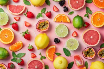 Fruits, Herbs and Berries Flat Lay Texture Background. Lemon, Lime, Orange, Mandarin, Grapefruit Slices