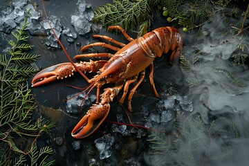 Fresh Lobster on Dry Ice, Raw Whole Omar, Cooled Crawfish Decorated With Lime And Greenery - obrazy, fototapety, plakaty