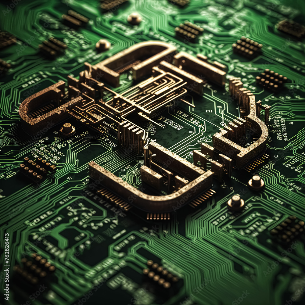 Poster a close up of a circuit board with a gold outline of a face. the face is made up of various electron